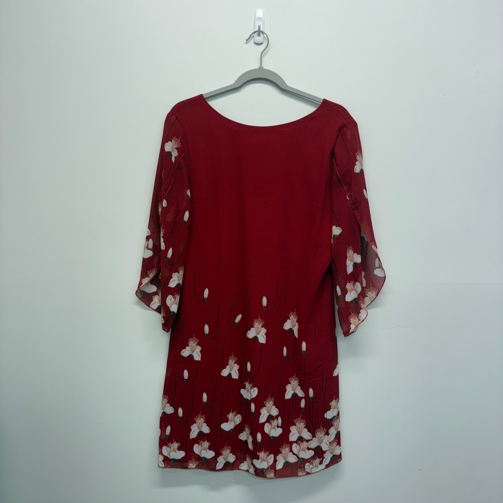 Grace Karin Red Floral Chiffon Split Sleeve Shift Dress Medium